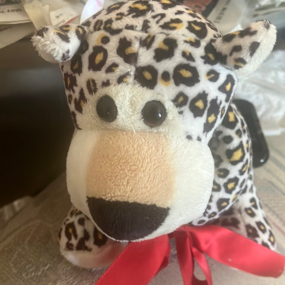 Leopard Print Plush Toy with Red Bow